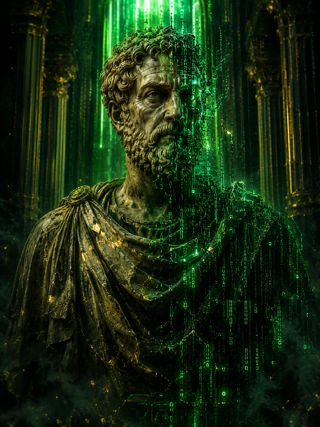 Sêneca em estilo código Matrix e estátua antiga